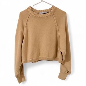 Zara Beige Cropped Knit Sweater Size Medium | Gorgeous Raglan Pullover by